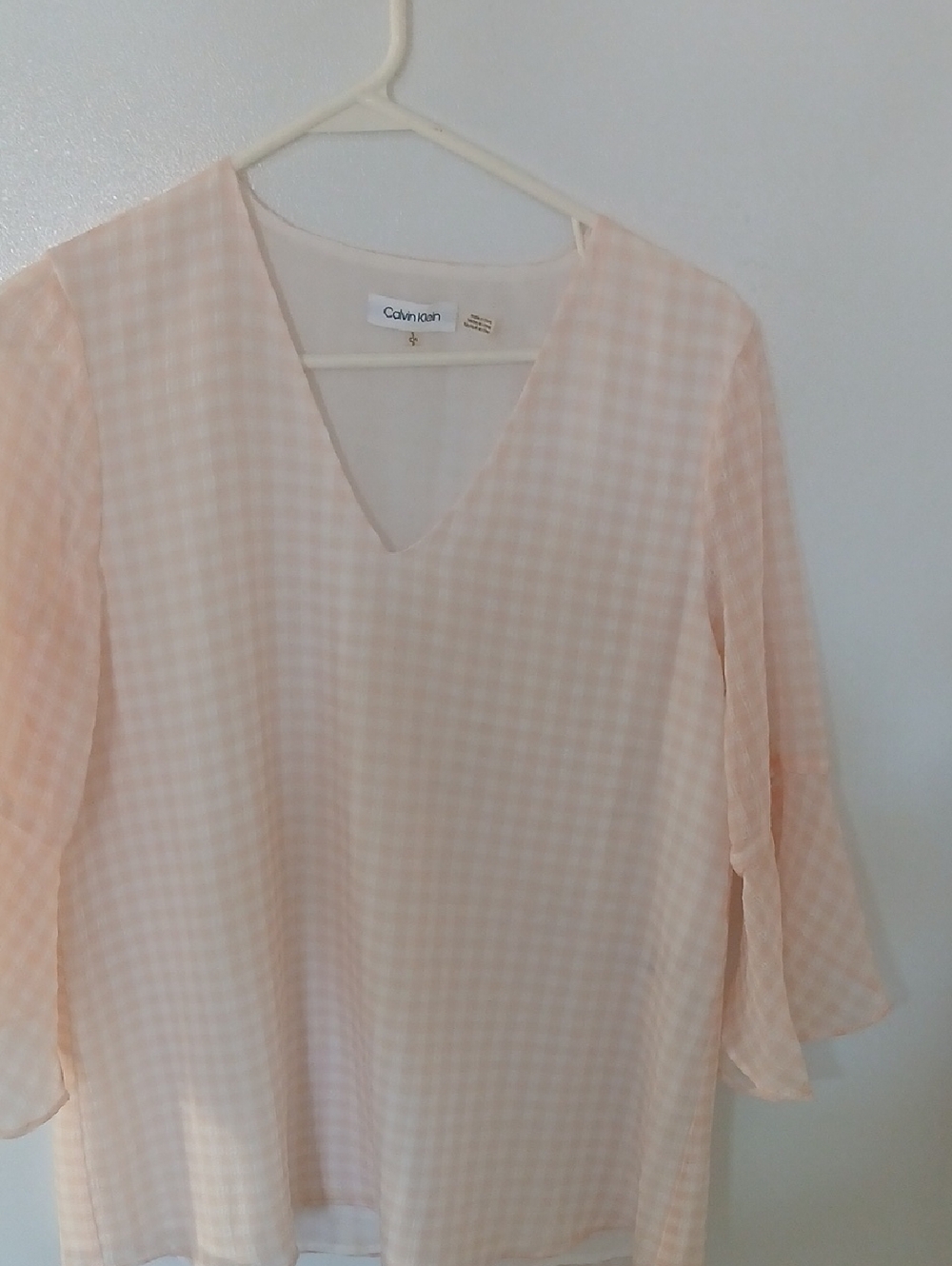 Calvin Klein Light Peach Gingham V-Neck Blouse